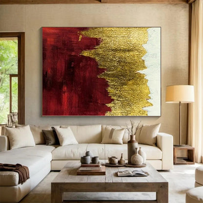 Hand-Painted Red and Gold Abstract Landscape Painting For Sale HS066