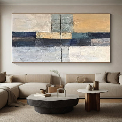 Handmade Art Beige, Gray, and Blue Abstract Geometric Painting For Sale HS153