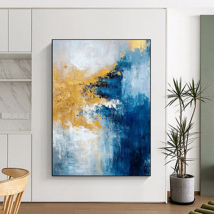 Gaint Canvas Art Blue, Gold & White Textured Abstract, Oversized Abstract Wall Art HS226