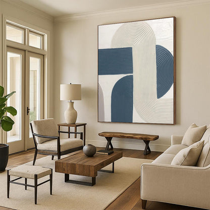 Hand-Painted Blue and Beige Abstract Curved Line Textured Painting For Sale HS029
