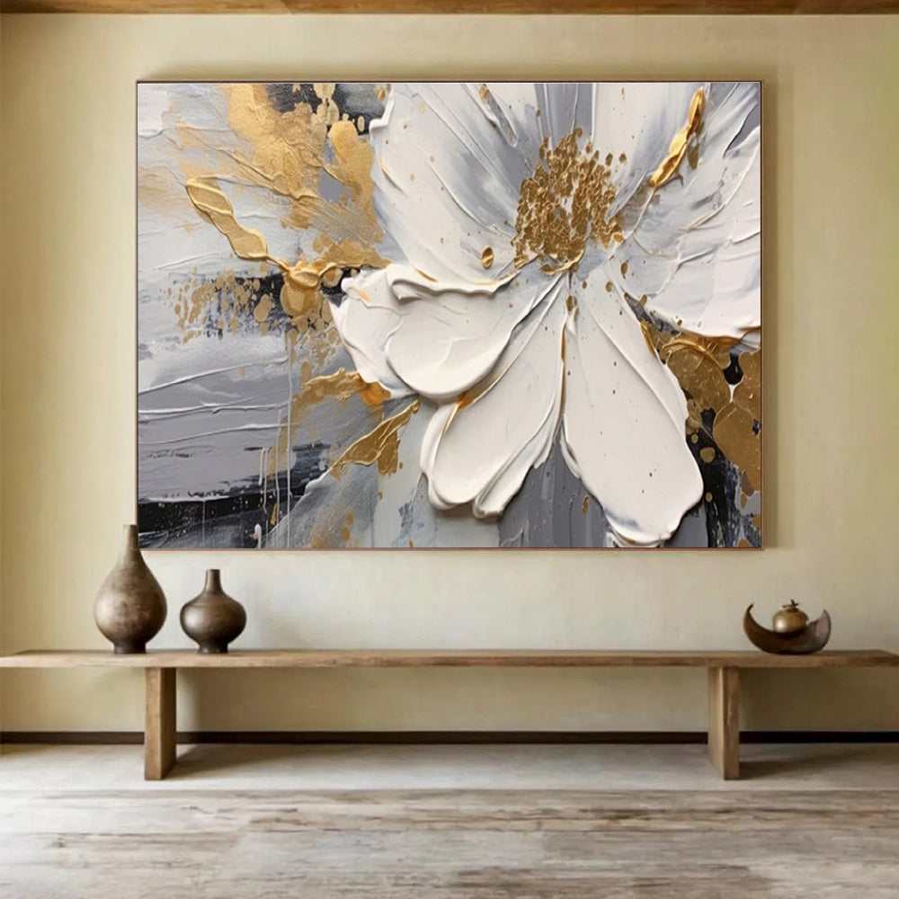 White, Gray, Gold Abstract Floral Art For Sale WB394