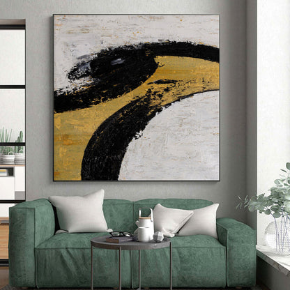 Gaint Canvas Art Black, Gold & White Gestural Abstract, Oversized Abstract Wall Art HS285