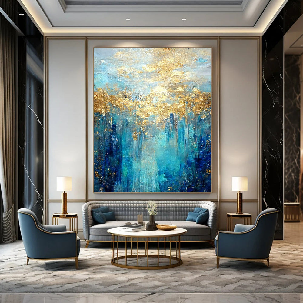 Blue, Gold Abstract Textured Art For Living Room and Bedroom WS444