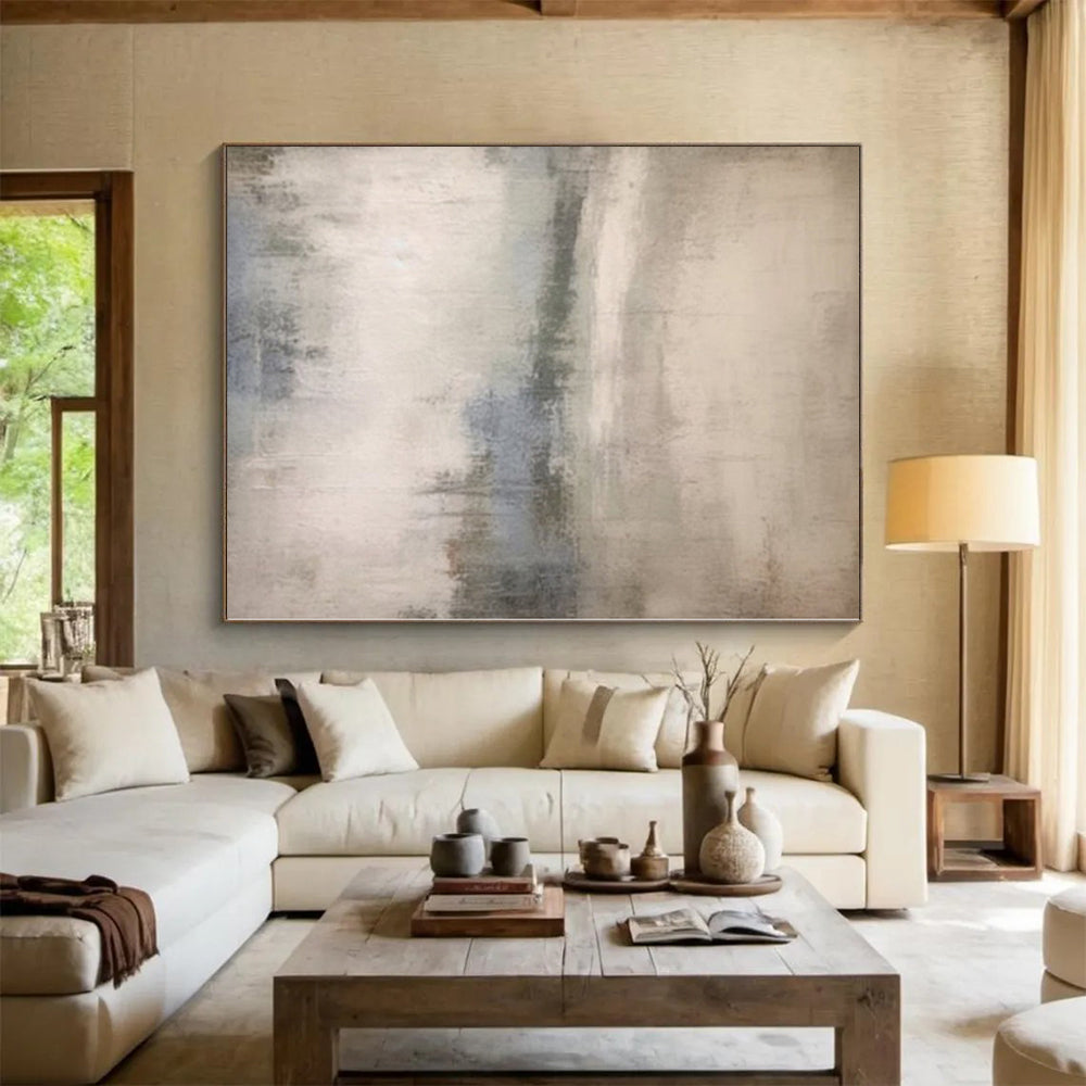 Large Painting In Living Room Gray and Blue Abstract Misty Landscape Painting For Sale HS107