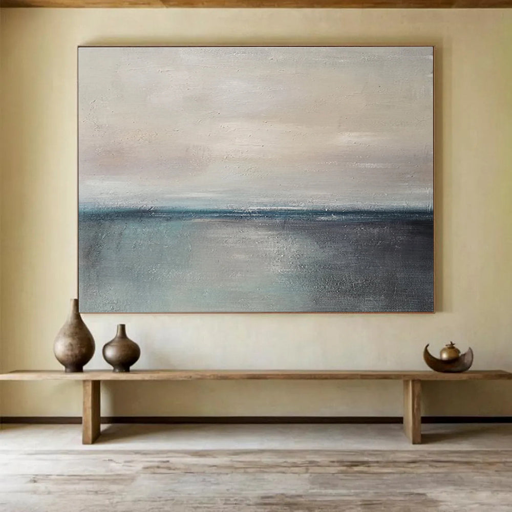 Horizontal Beige, Gray, and Blue Abstract Calm Sea Horizon, Abstract Oil Painting WB184