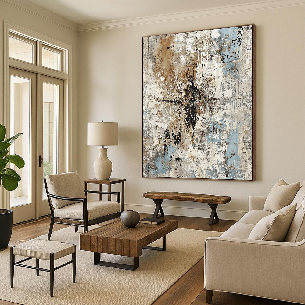 Oversized Abstract Wall Art Neutral and Blue Textured Abstract Painting HS180