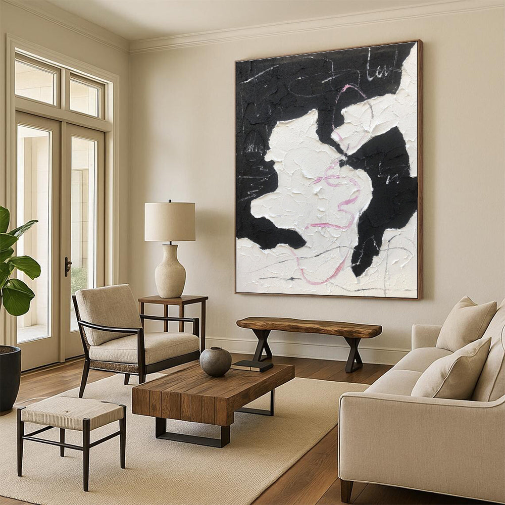 Unique Abstract Art Textured Black, White, and Pink Abstract Painting HS582