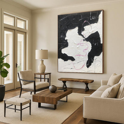 Unique Abstract Art Textured Black, White, and Pink Abstract Painting HS582