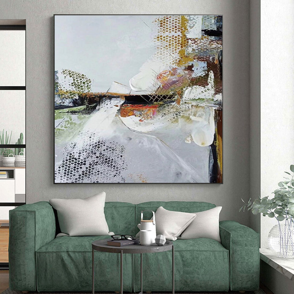 Hand-Painted White, Gold & Multicolor Textured Abstract, Large Painting In Living Room HS218