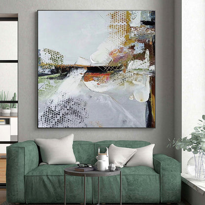 Hand-Painted White, Gold & Multicolor Textured Abstract, Large Painting In Living Room HS218