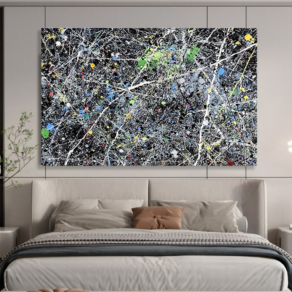 Contemporary Abstract Art with Multicolored Splatters and Black Background, Pollock - Style Abstract Theme WB311