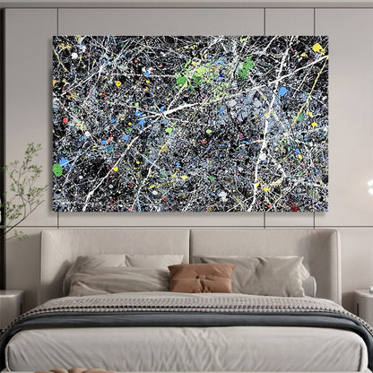 Contemporary Abstract Art with Multicolored Splatters and Black Background, Pollock - Style Abstract Theme WB311