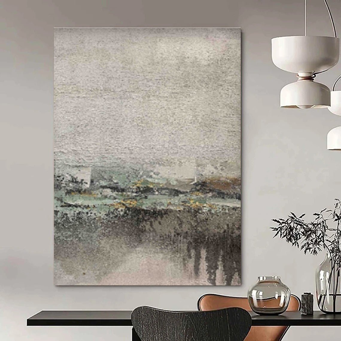 Gray, Green, and Yellow Textured Abstract Landscape Painting For Sale Online WS472