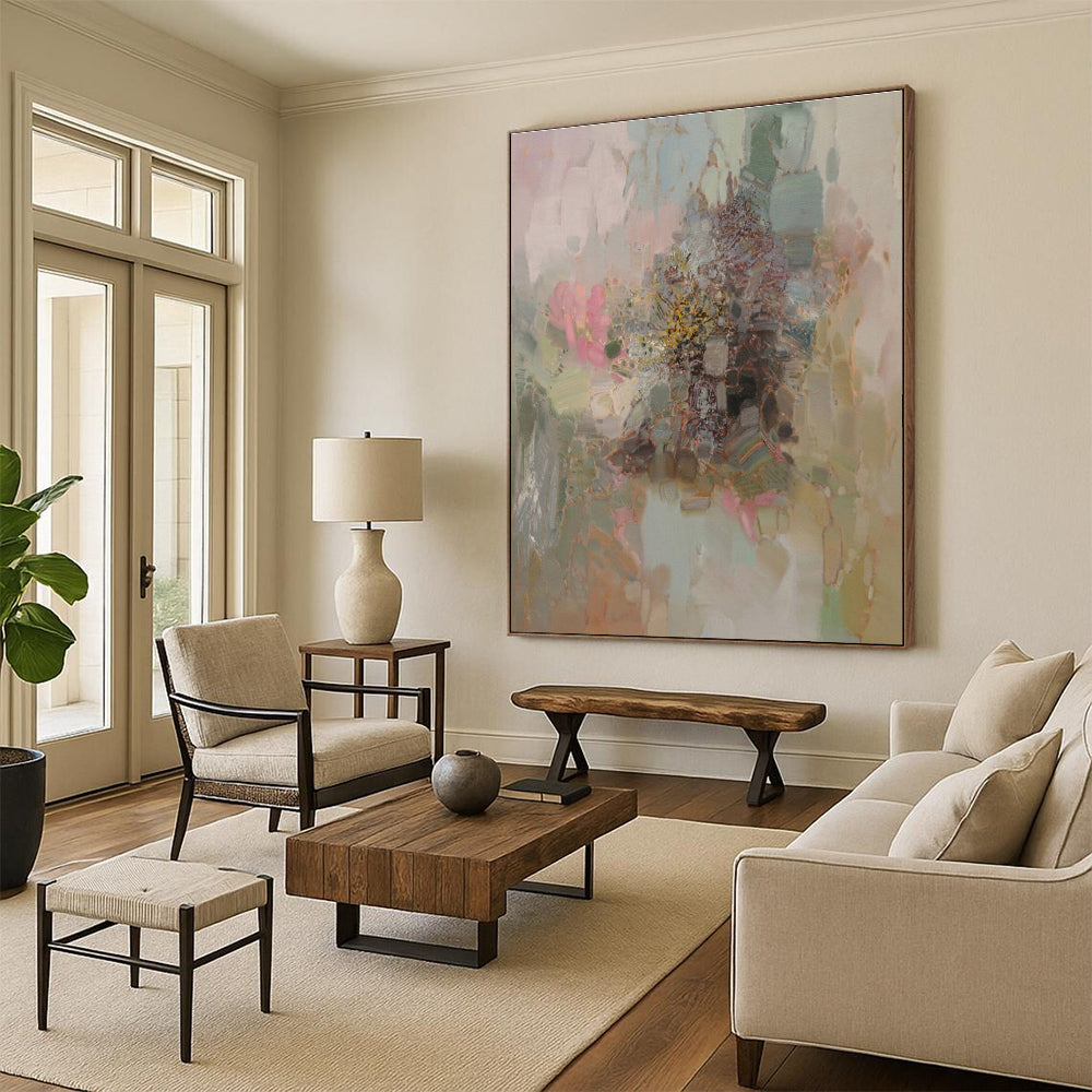 Unique Abstract Art Pink, Green, and Beige Floral Abstract Art HS714