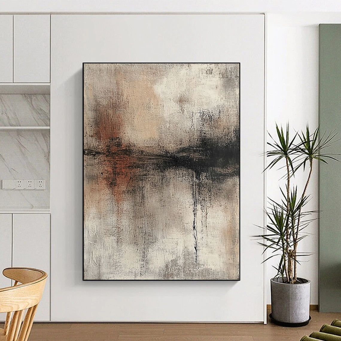 Hand-Painted Beige, Gray, and Black Abstract Textured Painting For Sale HS131