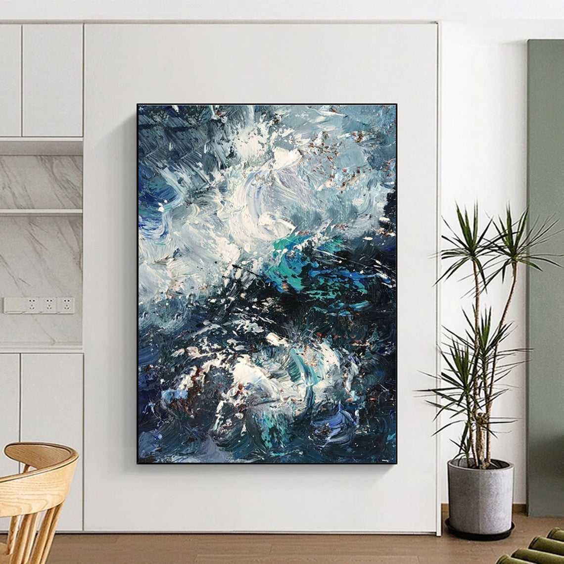 Handmade Art Blue, Teal, and White Textured Abstract Art HS756
