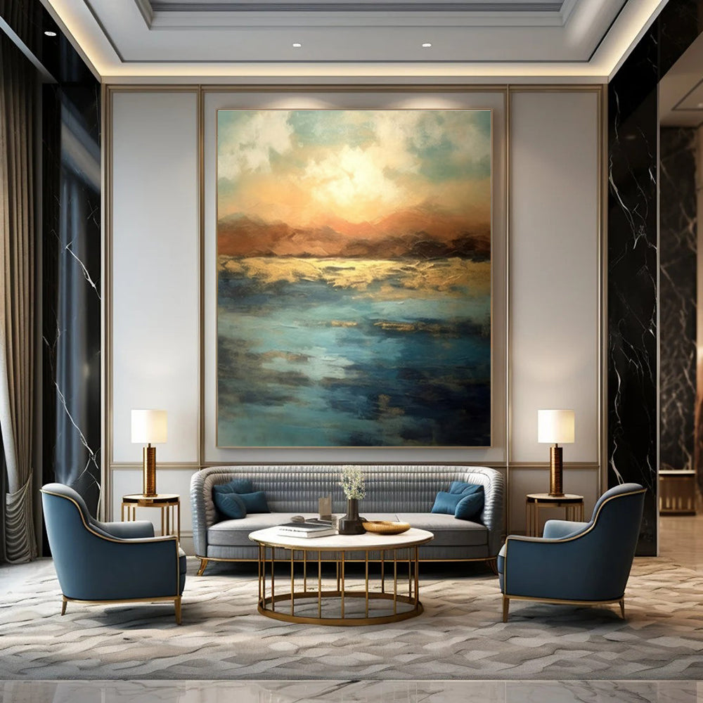 Blue, Gold, and Orange Abstract Seaside Sunset Painting For Sale Online WS491
