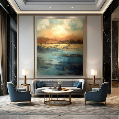 Blue, Gold, and Orange Abstract Seaside Sunset Painting For Sale Online WS491