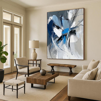 Acrylic Modern Art Paintings Blue, Black, and White Abstract Expressive Painting For Sale HS164