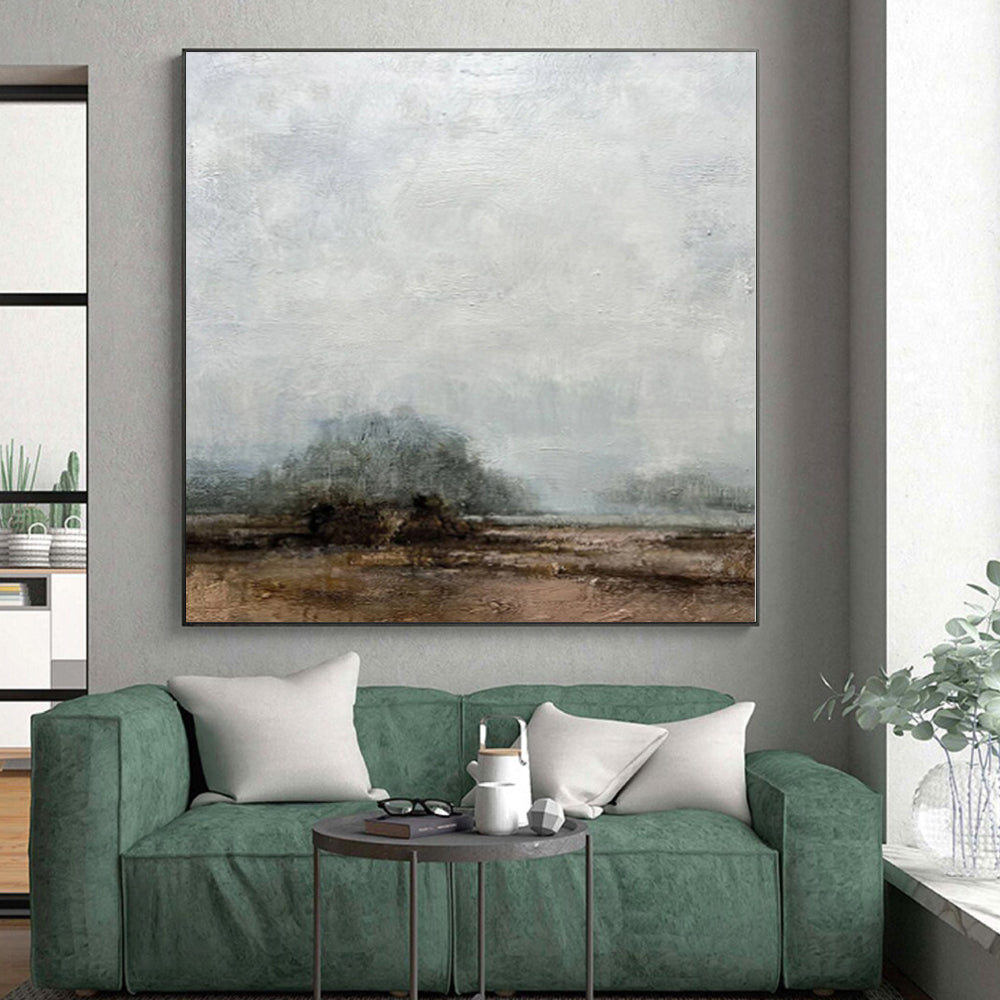 Hand-Painted Gray and Brown Abstract Misty Landscape Painting For Sale HS081