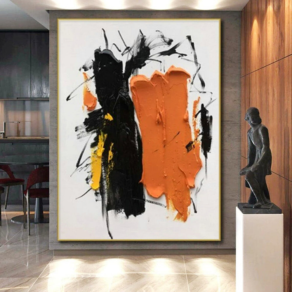 Handmade Art Unique Abstract Art with Black, Orange, Yellow Expressive Brushstrokes - Acrylic Modern Art Painting HS522