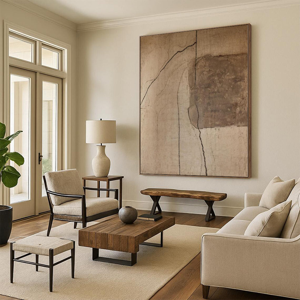 Handmade Art Beige and Brown Abstract Line Painting For Sale HS106