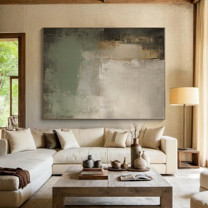 Minimalist Canvas Art Gray, Beige, and Green Textured Abstract Art HS757