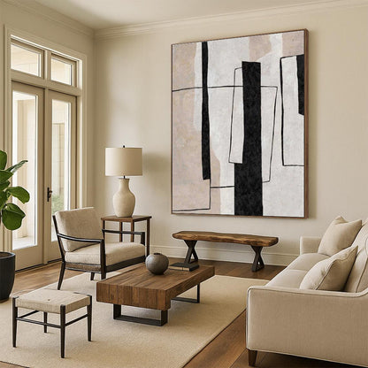 Modern Art Acrylic Black, Beige, and White Geometric Abstract Art HS680