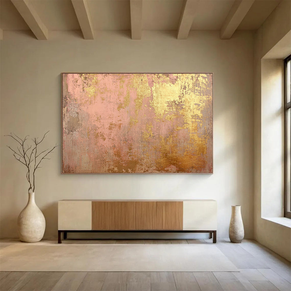 Oversized Canvas Art in Pink and Gold Textured Abstract Style WB245