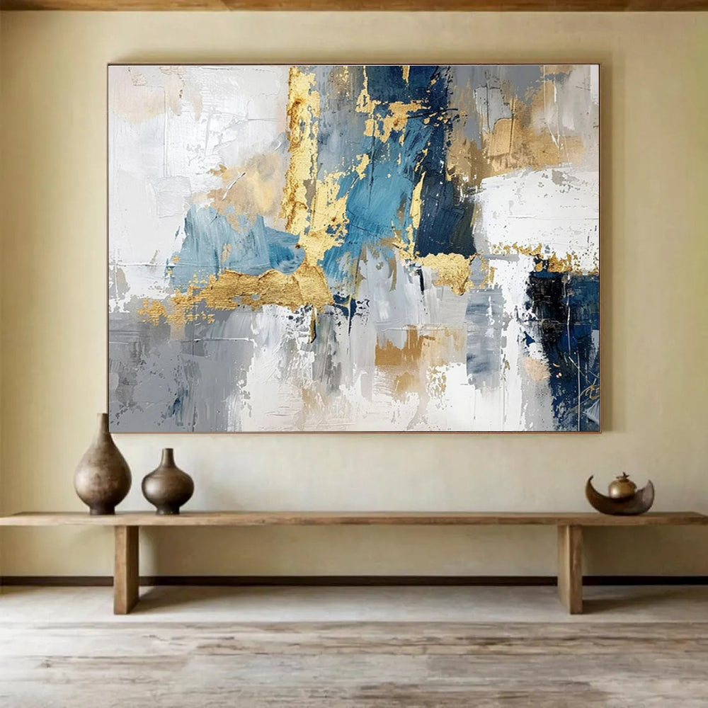 Blue, Gray, Gold Abstract Textured Artwork For Sale WB371