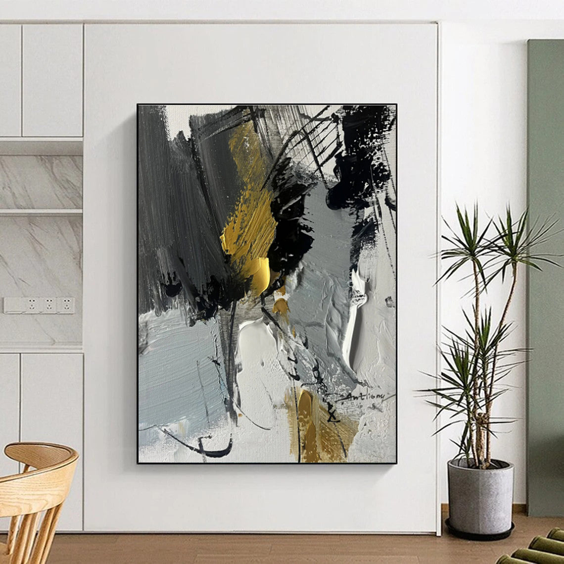 Oversized Abstract Wall Art with Gray, Black, White and Gold Colors, Energetic Abstract Theme HS466