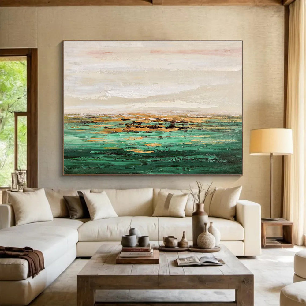 Oversized Canvas Art Green and Gold Abstract Landscape Painting WB126