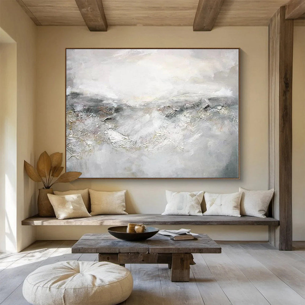Huge Size Gray and White Abstract Misty Landscape Painting WB107
