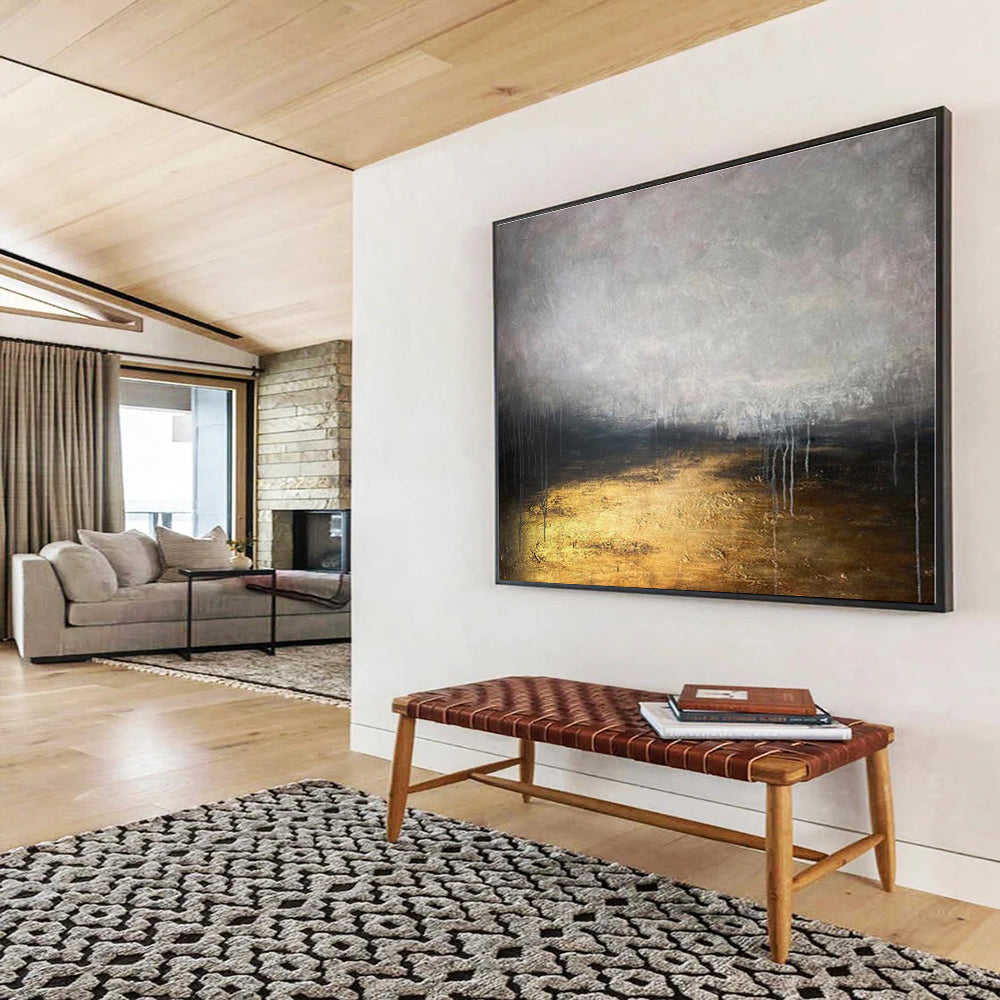 Huge Size Gray, Black and Gold Abstract Landscape Painting WB143