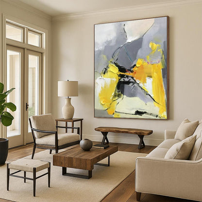 Hand-Painted Acrylic Modern Art Paintings with Yellow, Gray, Black Energetic Forms - Large Contemporary Wall Art HS526