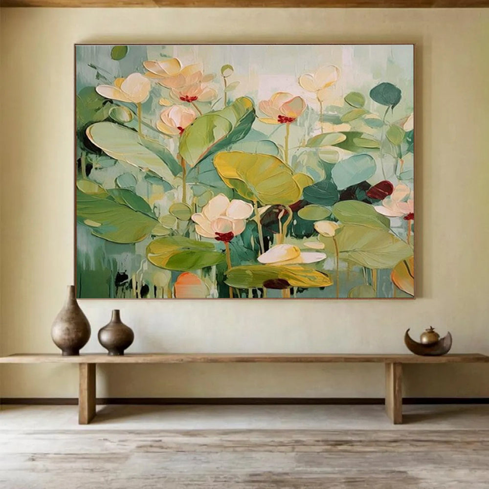 Hand Painted Art Soft Green and Beige Lotus Flowers Abstract Painting WB332