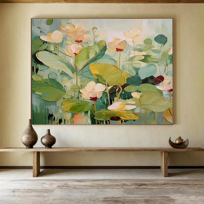 Hand Painted Art Soft Green and Beige Lotus Flowers Abstract Painting WB332