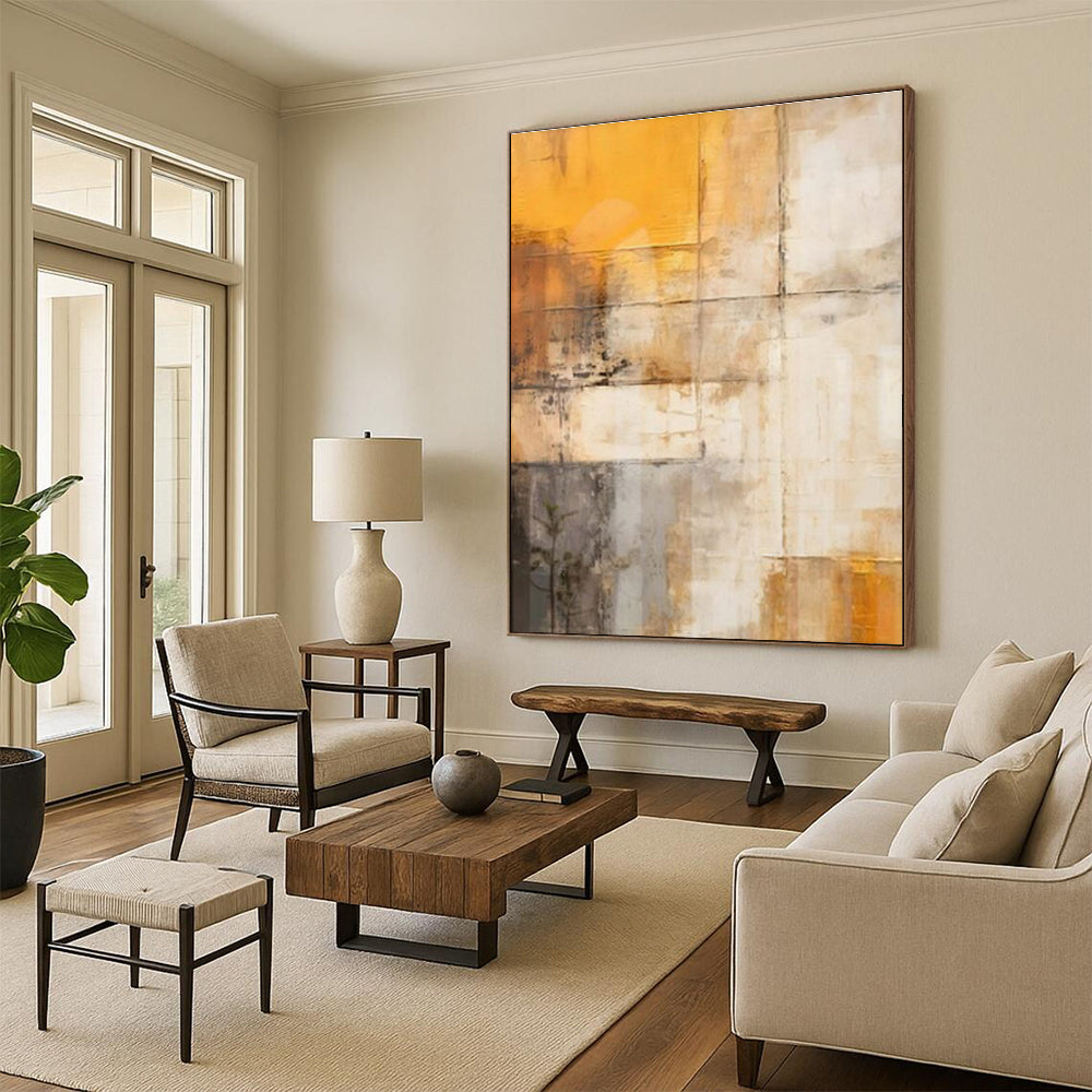 Large Painting In Living Room Orange, Beige, and Gray Textured Abstract Art HS670