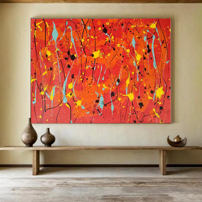 Large Size Orange, Yellow and Blue Abstract Splatter Painting WB075