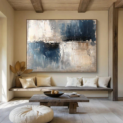 Oversized Canvas Art Blue, Gray, and Beige Abstract Textured Landscape - Acrylic Painting WB277