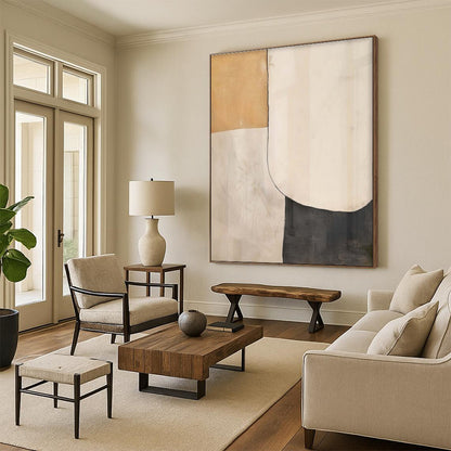 Hand Painted Art Beige, Black, and White Organic Abstract Art HS668