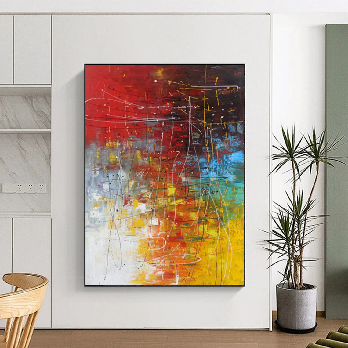 Unique Abstract Art Red, Yellow & Blue Gestural Abstract, Large Contemporary Wall Art HS249