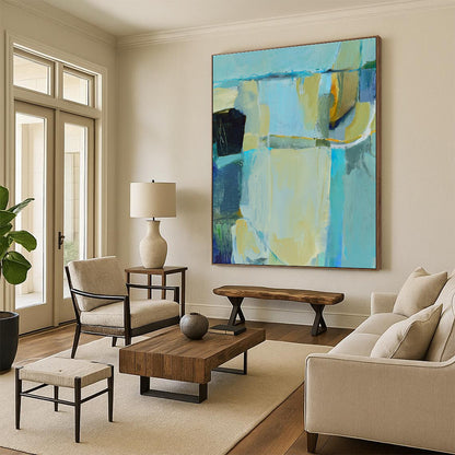 Acrylic Modern Art Paintings Teal, Beige, and Blue Abstract Art HS747