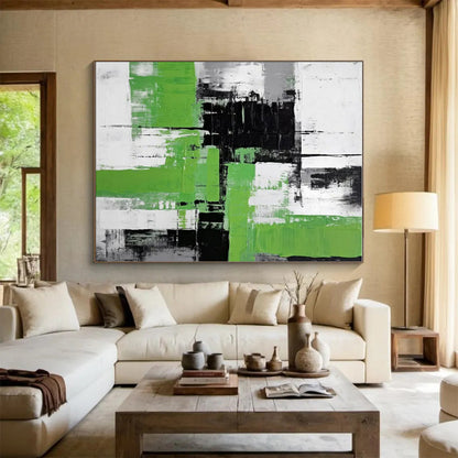 Acrylic Modern Art Paintings Green, Black, and White Geometric Abstract Painting On Canvas HS796