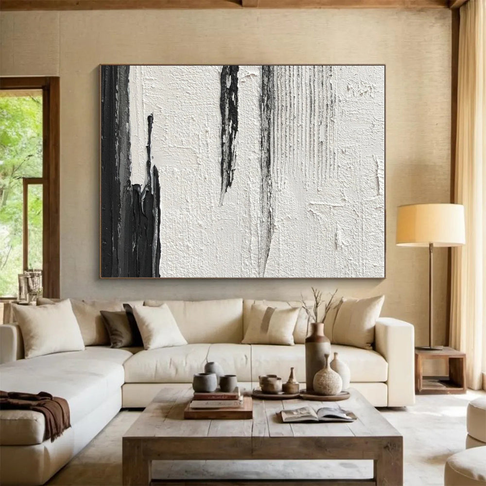 Minimalist Canvas Art Black & White Textured Abstract, Handmade Art HS268