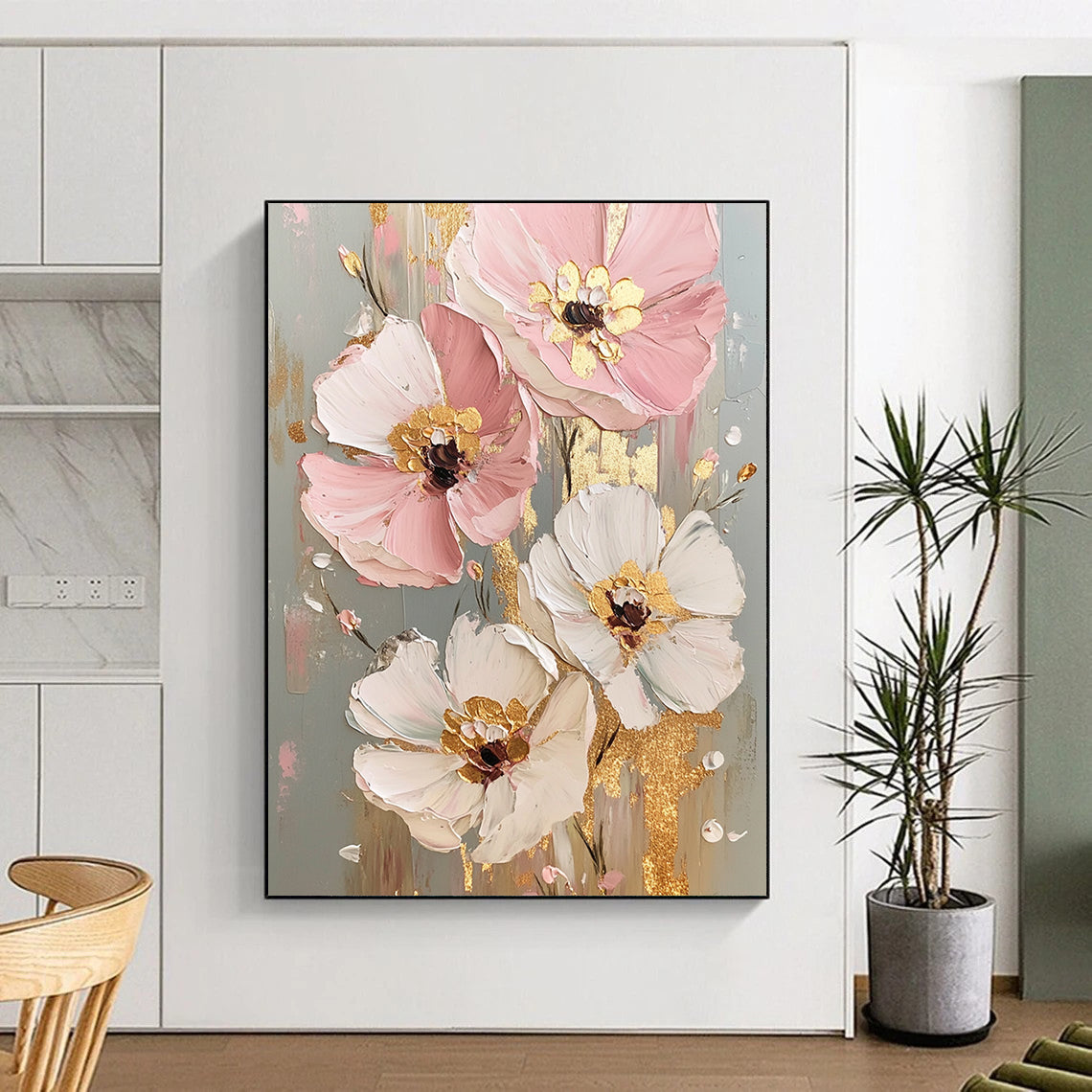 Pink, White, Gold Abstract Floral Art For Bedroom and Dining Room WS437