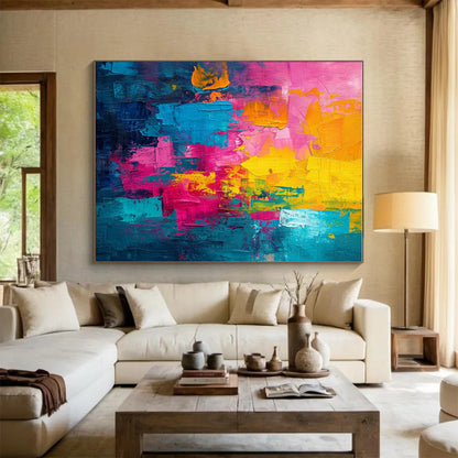 Handmade Art Yellow, Pink, Teal, and Blue Abstract Art HS657