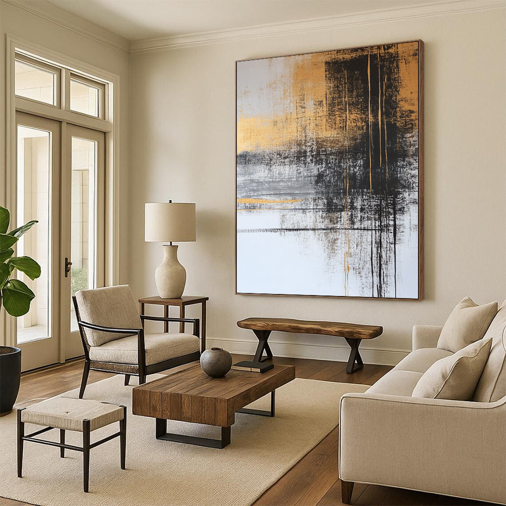 Hand Painting Gold, Black, and Gray Abstract Expressionist Art HS182