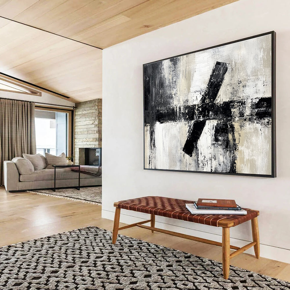 Oversized Canvas Art in Black, White, and Gray Textured Geometric Abstract Style WB260