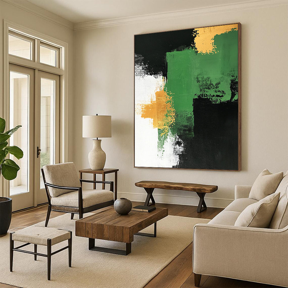Handmade Art Green, Black, and Gold Abstract Shape Painting For Sale HS145